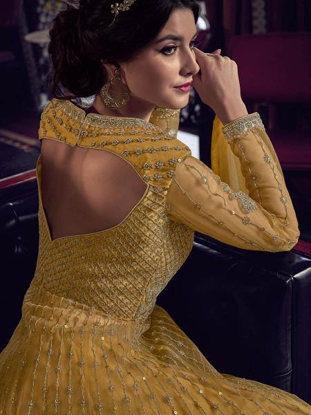 Mustard Yellow Embroidered Butterfly Net Anarkali Suit