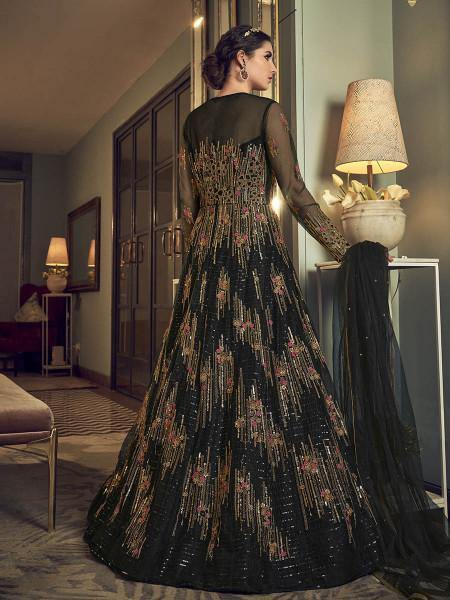 Deep Green Embroidered butterfly net Anarkali Suit