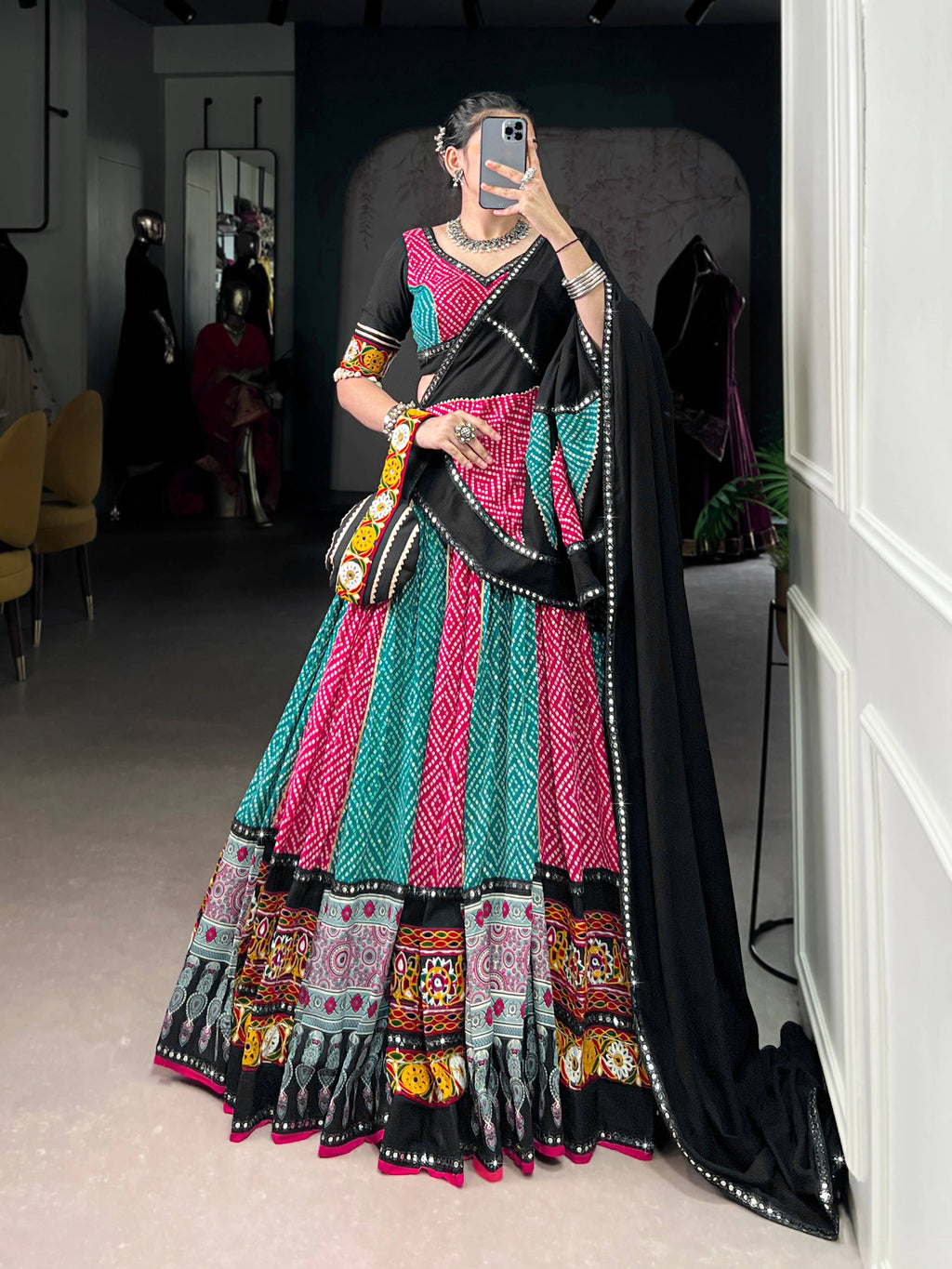 Lorenvalley Fashion Multicolor Pure Rayon Bandhej And Ajrakh With Paper Mirror And Gamthi Work Lace Lehenga Choli with Dupatta