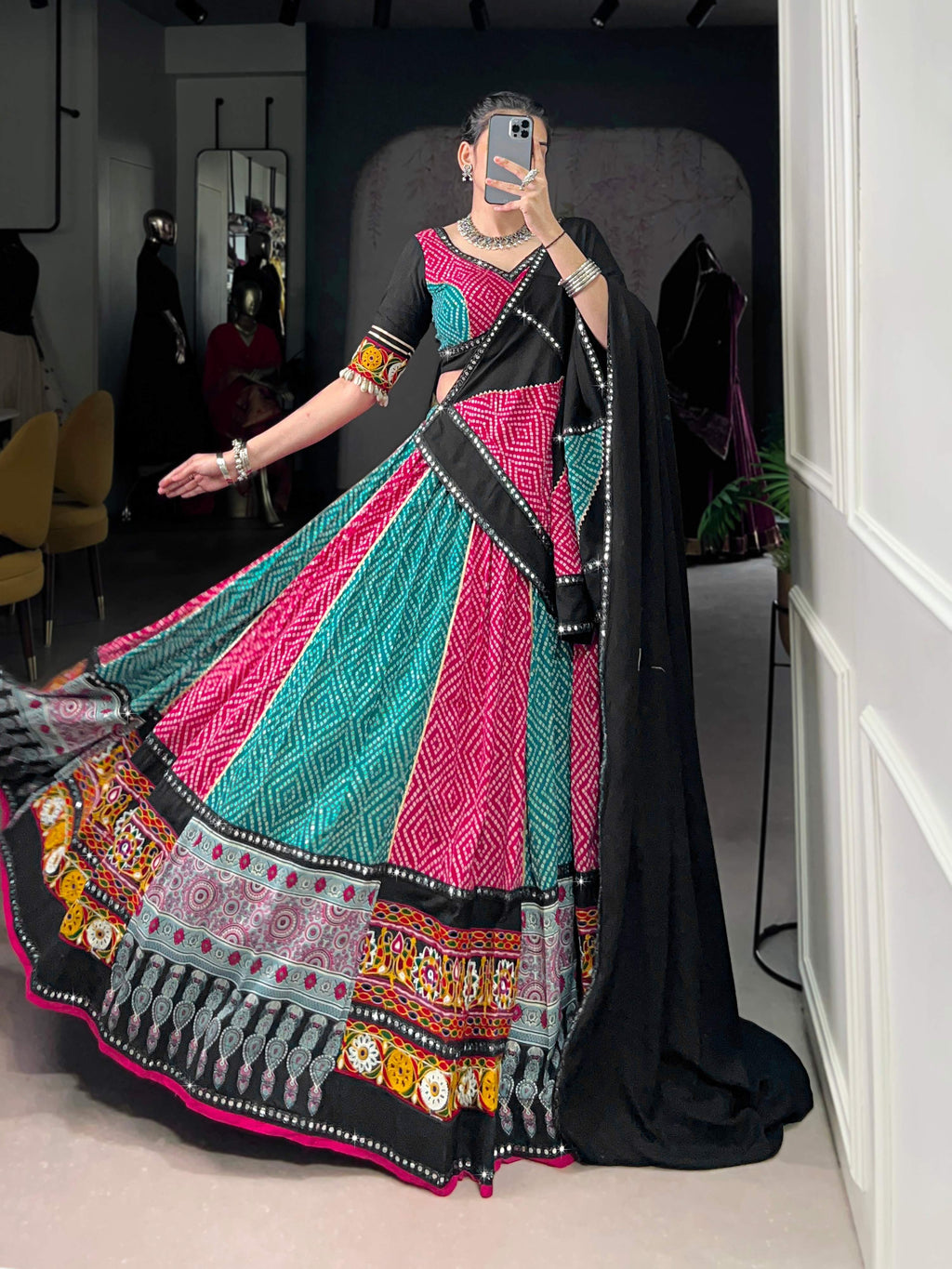 Lorenvalley Fashion Multicolor Pure Rayon Bandhej And Ajrakh With Paper Mirror And Gamthi Work Lace Lehenga Choli with Dupatta