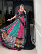 Lorenvalley Fashion Multicolor Pure Rayon Bandhej And Ajrakh With Paper Mirror And Gamthi Work Lace Lehenga Choli with Dupatta