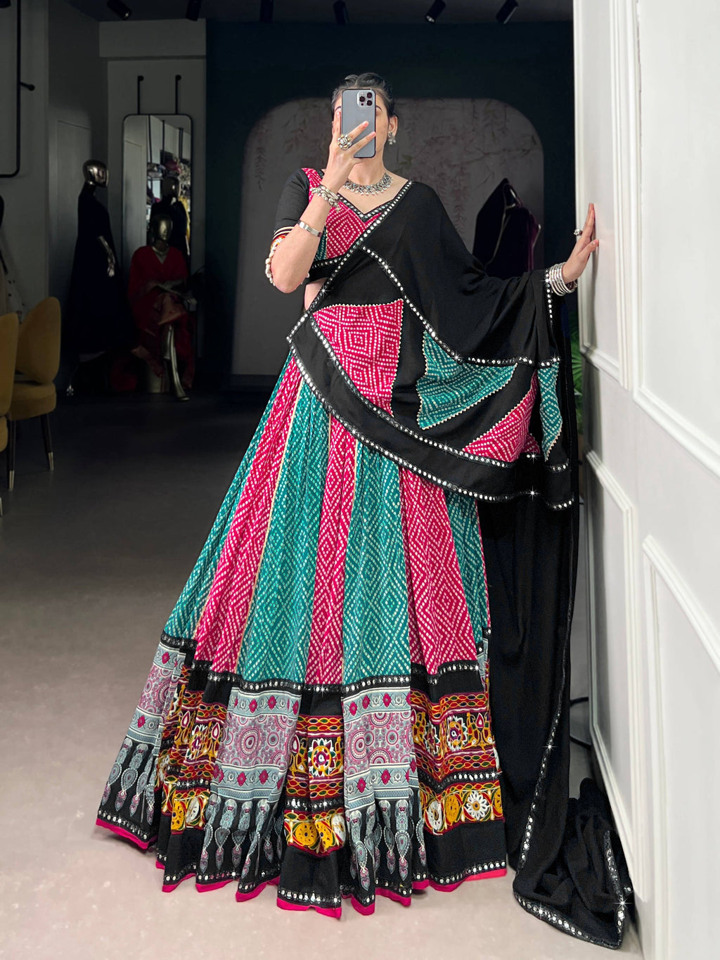 Lorenvalley Fashion Multicolor Pure Rayon Bandhej And Ajrakh With Paper Mirror And Gamthi Work Lace Lehenga Choli with Dupatta