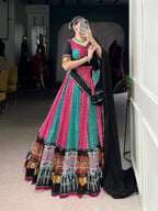 Lorenvalley Fashion Multicolor Pure Rayon Bandhej And Ajrakh With Paper Mirror And Gamthi Work Lace Lehenga Choli with Dupatta