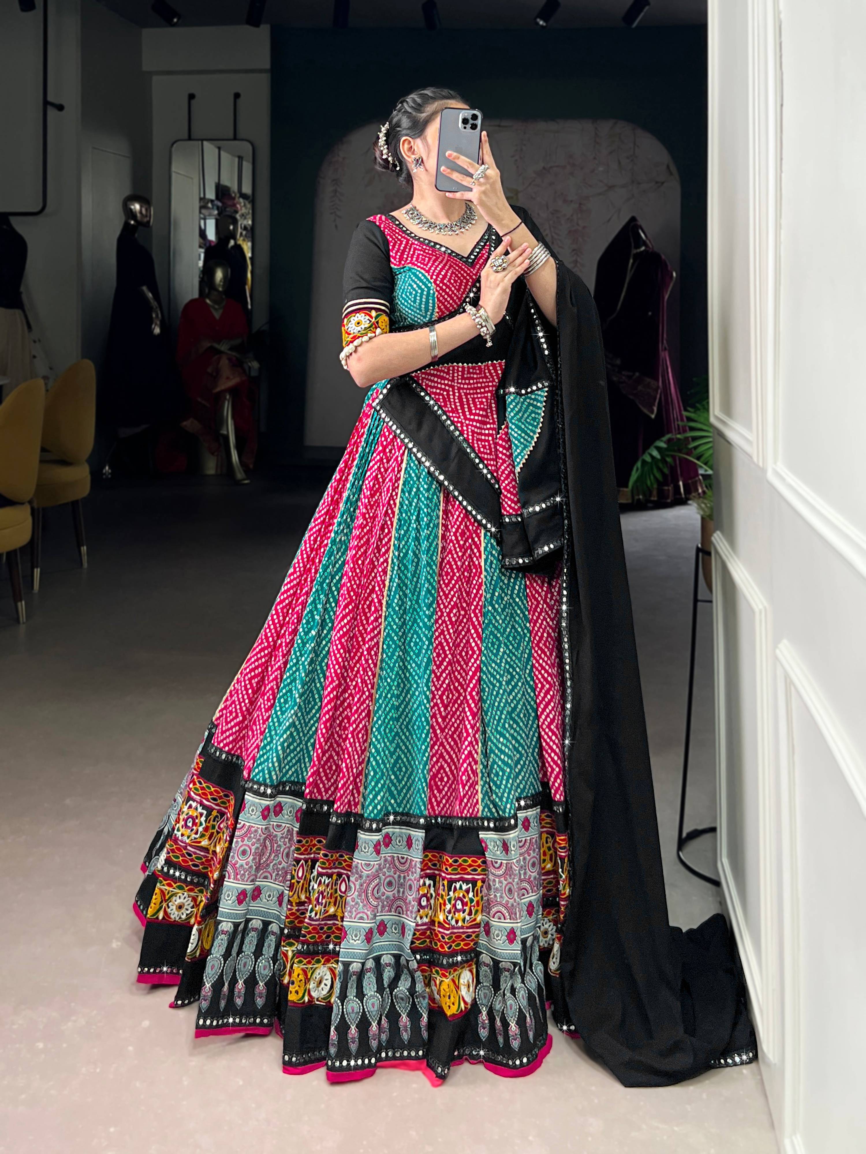 Lorenvalley Fashion Multicolor Pure Rayon Bandhej And Ajrakh With Paper Mirror And Gamthi Work Lace Lehenga Choli with Dupatta