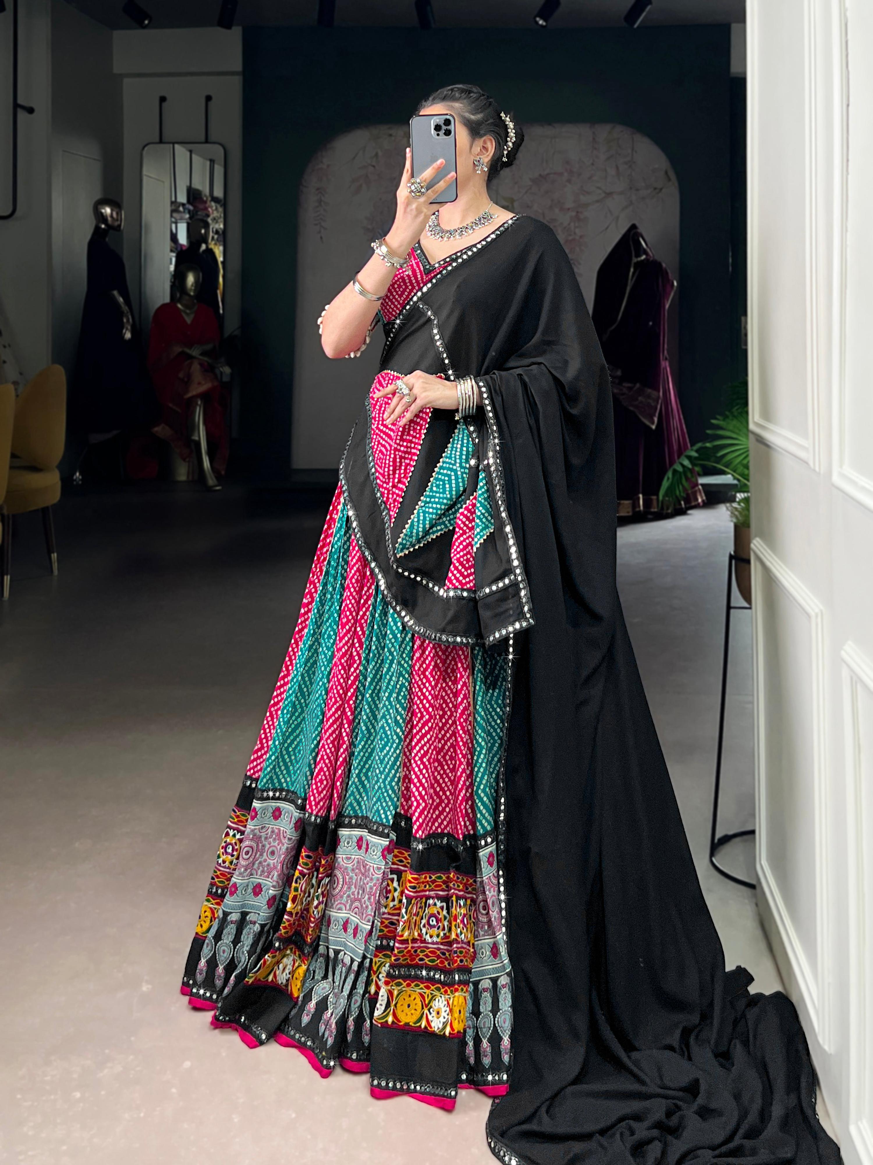 Lorenvalley Fashion Multicolor Pure Rayon Bandhej And Ajrakh With Paper Mirror And Gamthi Work Lace Lehenga Choli with Dupatta