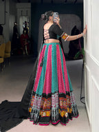 Lorenvalley Fashion Multicolor Pure Rayon Bandhej And Ajrakh With Paper Mirror And Gamthi Work Lace Lehenga Choli with Dupatta