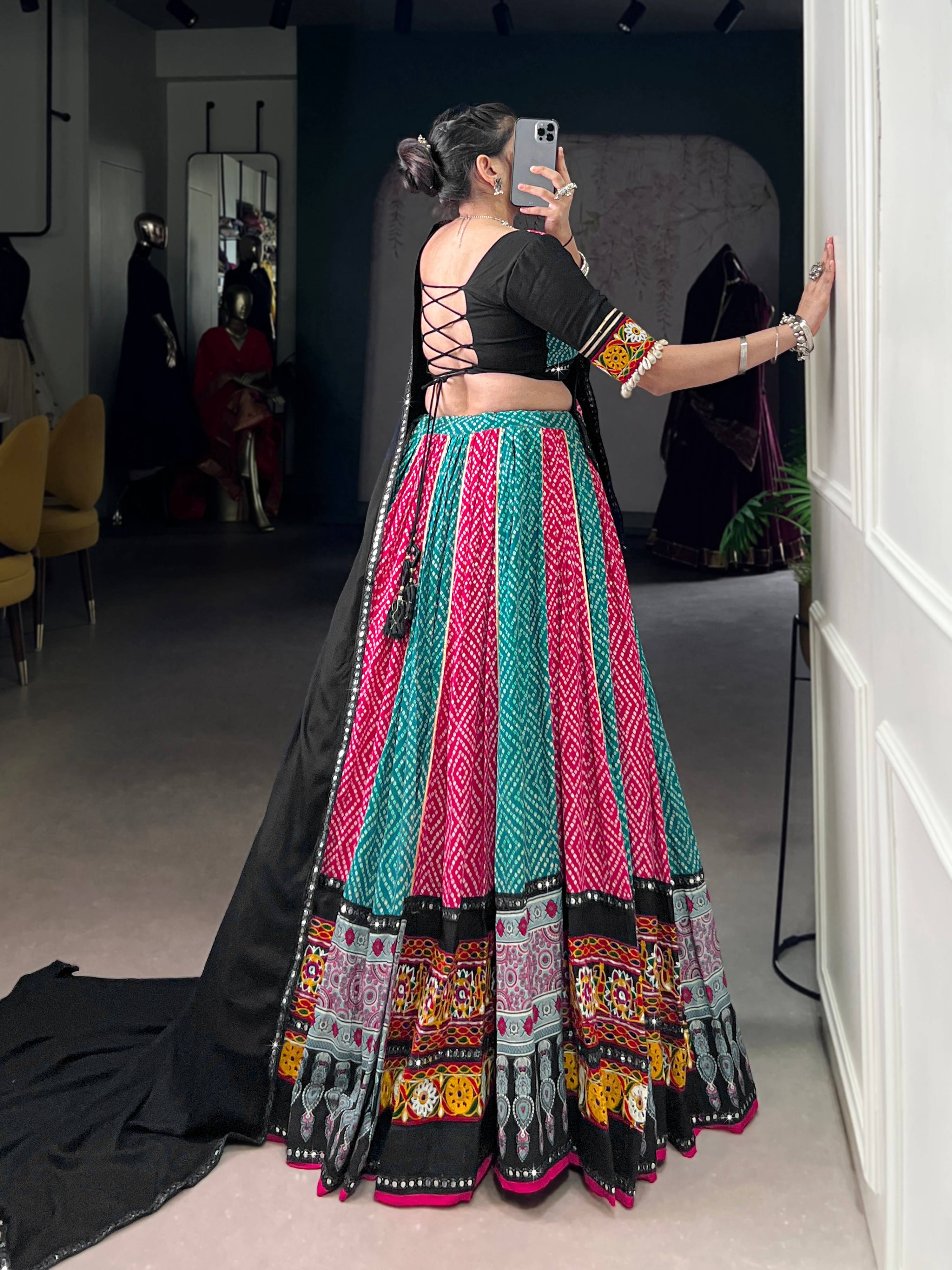 Lorenvalley Fashion Multicolor Pure Rayon Bandhej And Ajrakh With Paper Mirror And Gamthi Work Lace Lehenga Choli with Dupatta