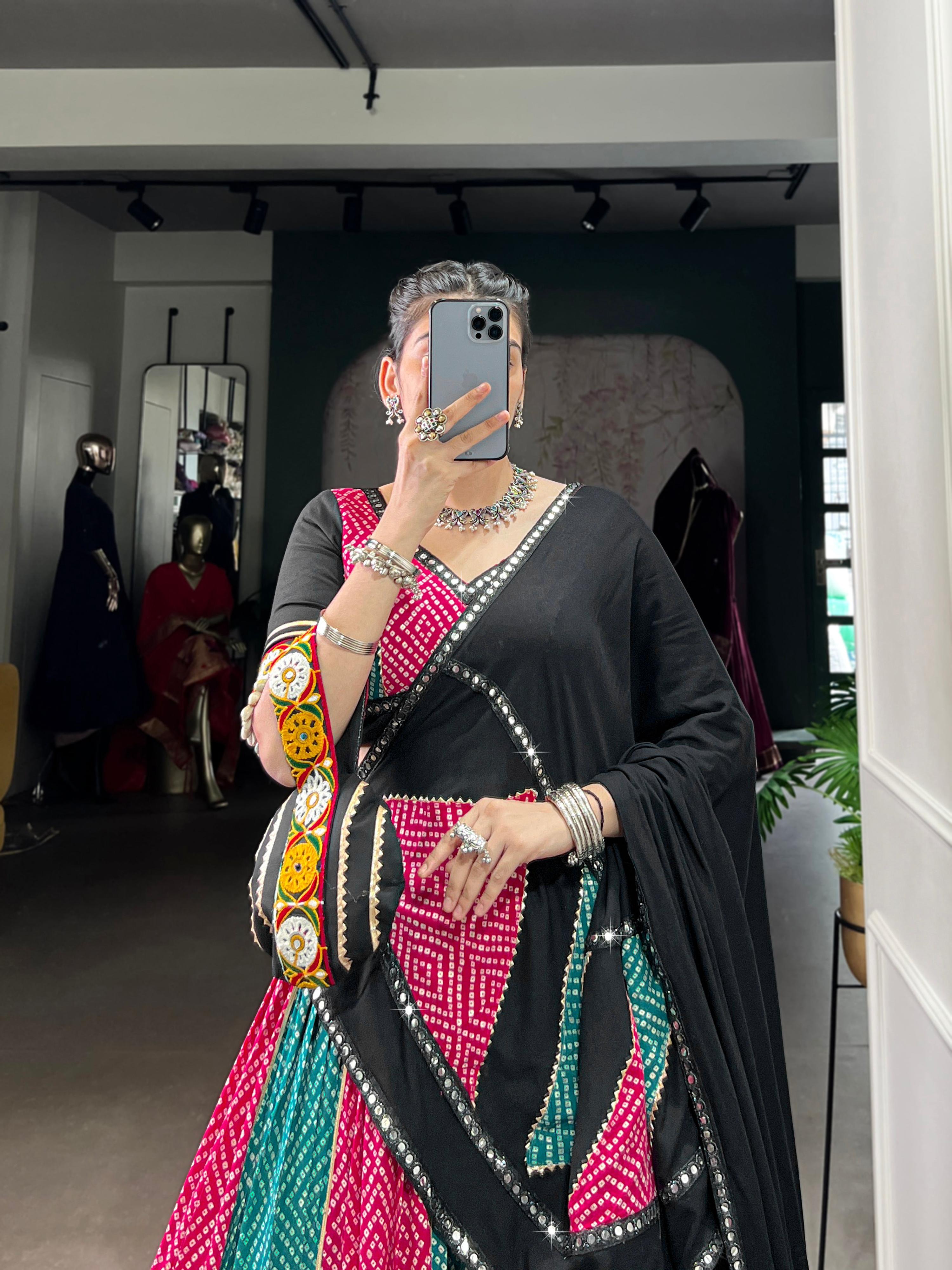 Lorenvalley Fashion Multicolor Pure Rayon Bandhej And Ajrakh With Paper Mirror And Gamthi Work Lace Lehenga Choli with Dupatta