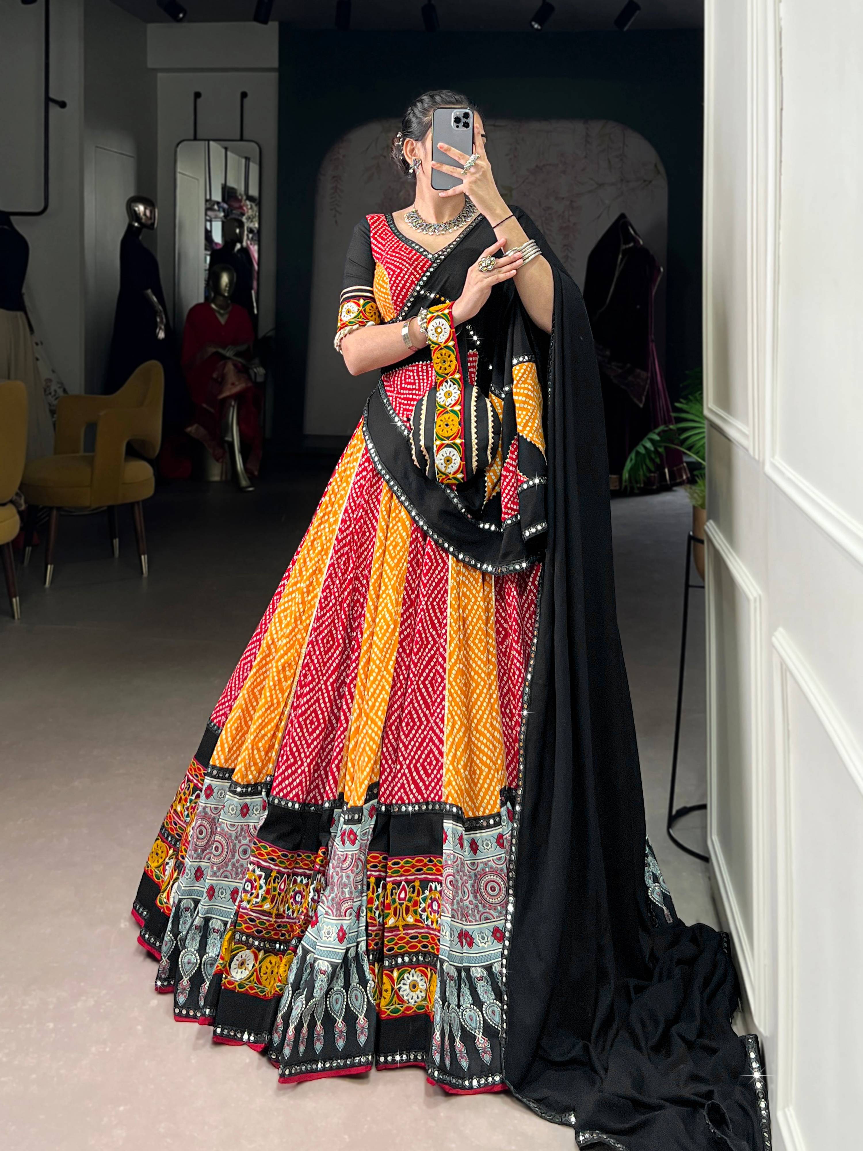 Lorenvalley Fashion Multicolor Pure Rayon Bandhej And Ajrakh With Paper Mirror And Gamthi Work Lace Lehenga Choli with Dupatta