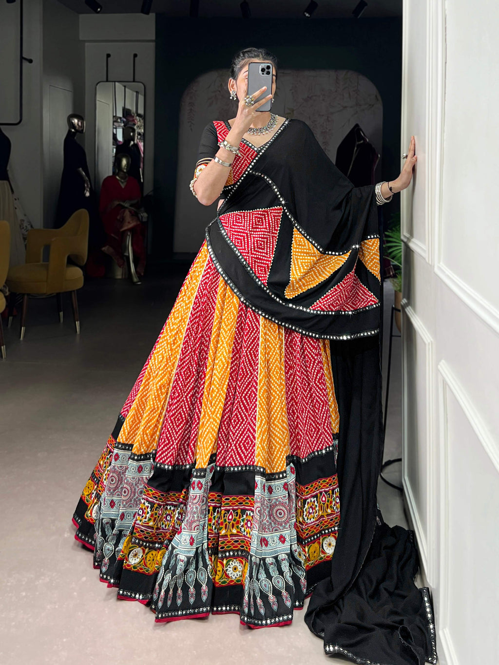 Lorenvalley Fashion Multicolor Pure Rayon Bandhej And Ajrakh With Paper Mirror And Gamthi Work Lace Lehenga Choli with Dupatta