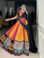 Lorenvalley Fashion Multicolor Pure Rayon Bandhej And Ajrakh With Paper Mirror And Gamthi Work Lace Lehenga Choli with Dupatta
