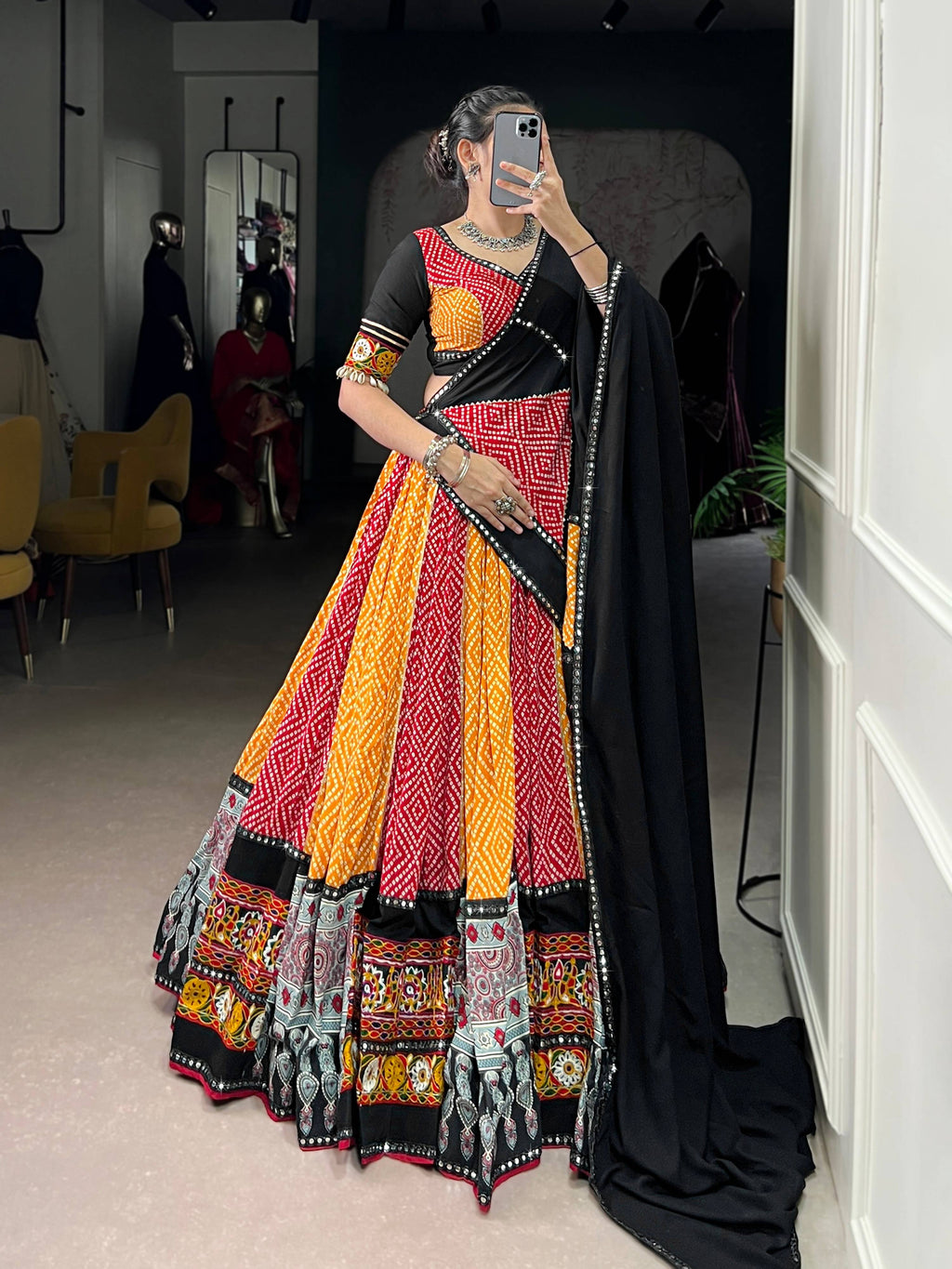 Lorenvalley Fashion Multicolor Pure Rayon Bandhej And Ajrakh With Paper Mirror And Gamthi Work Lace Lehenga Choli with Dupatta