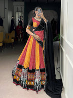 Lorenvalley Fashion Multicolor Pure Rayon Bandhej And Ajrakh With Paper Mirror And Gamthi Work Lace Lehenga Choli with Dupatta