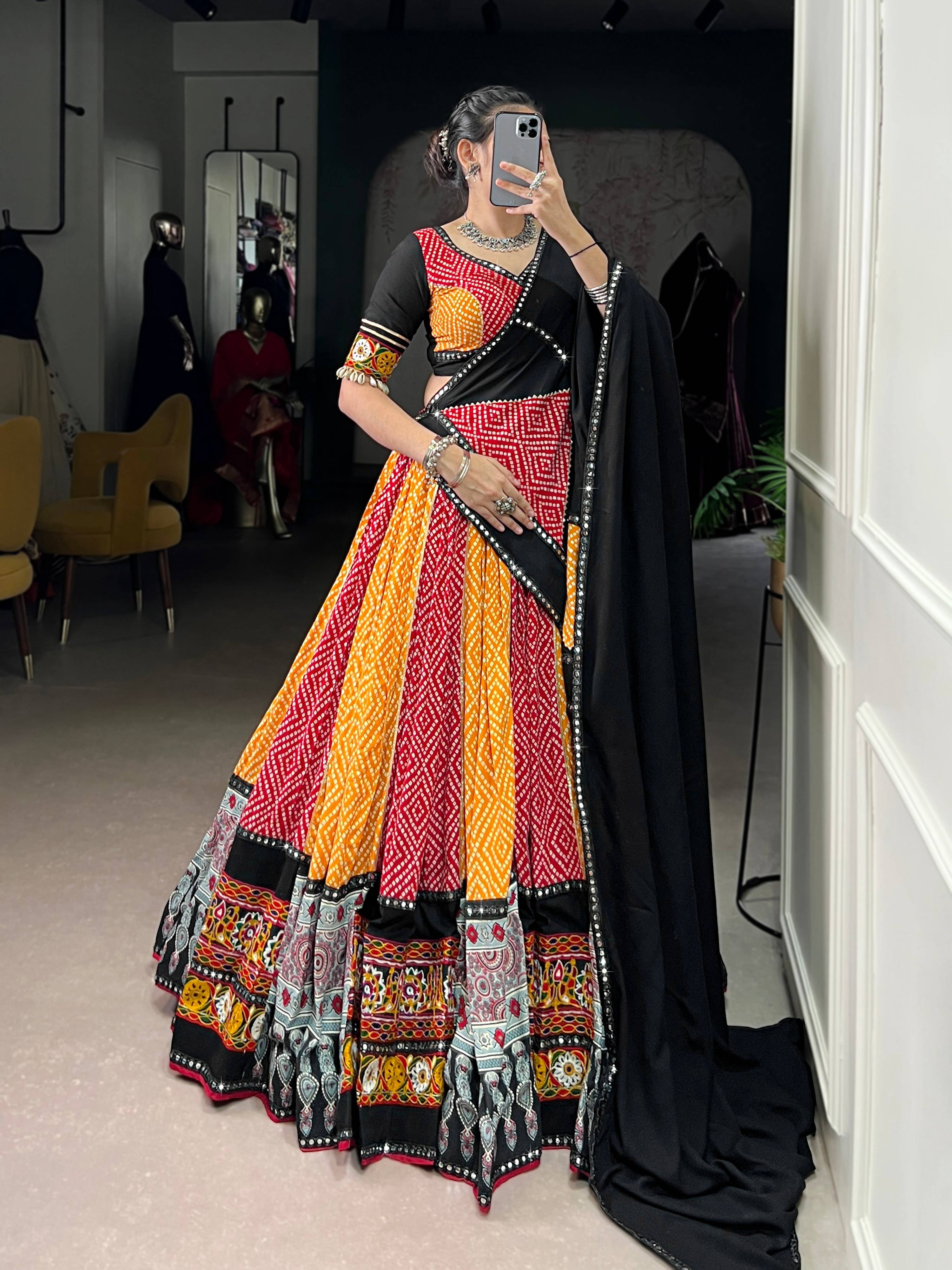 Lorenvalley Fashion Multicolor Pure Rayon Bandhej And Ajrakh With Paper Mirror And Gamthi Work Lace Lehenga Choli with Dupatta
