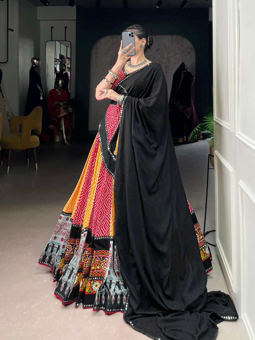 Lorenvalley Fashion Multicolor Pure Rayon Bandhej And Ajrakh With Paper Mirror And Gamthi Work Lace Lehenga Choli with Dupatta