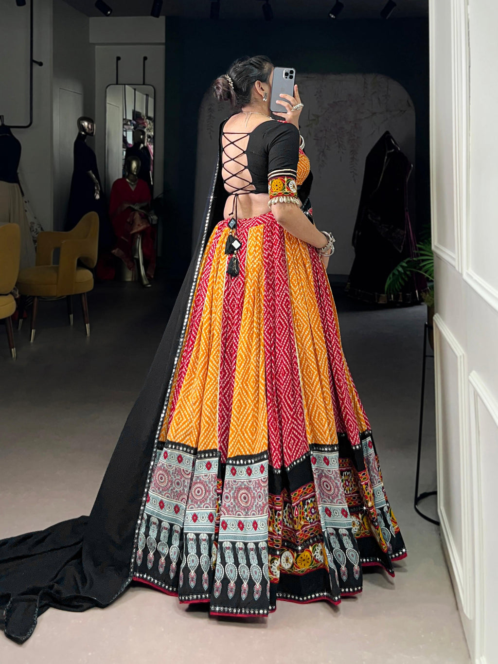 Lorenvalley Fashion Multicolor Pure Rayon Bandhej And Ajrakh With Paper Mirror And Gamthi Work Lace Lehenga Choli with Dupatta