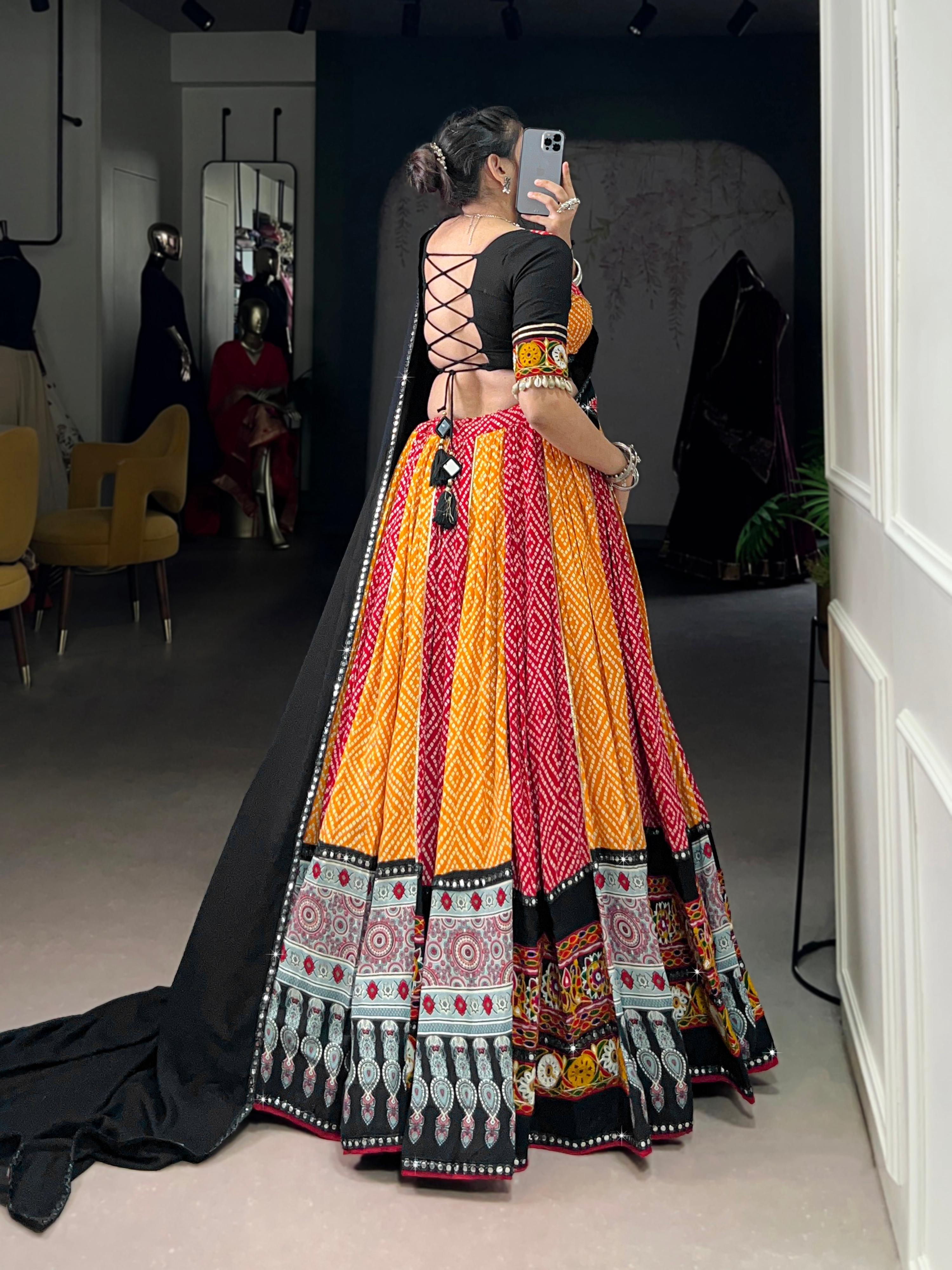 Lorenvalley Fashion Multicolor Pure Rayon Bandhej And Ajrakh With Paper Mirror And Gamthi Work Lace Lehenga Choli with Dupatta