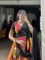 Lorenvalley Fashion Multicolor Pure Rayon Bandhej And Ajrakh With Paper Mirror And Gamthi Work Lace Lehenga Choli with Dupatta