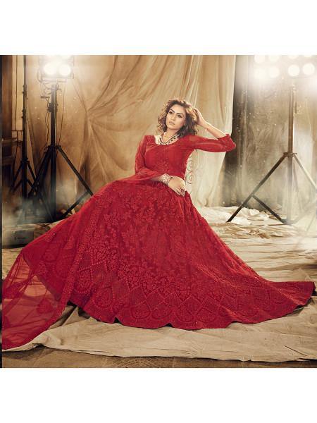 Myra Red Heavy Embroidered Net Bridal Lehenga
