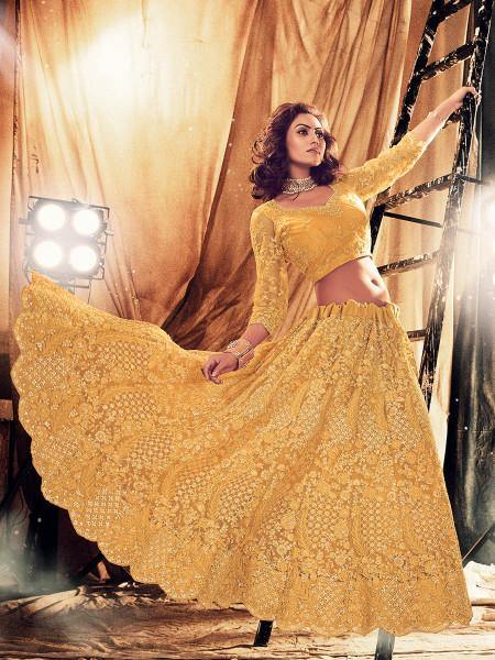 Myra Musturd Yellow Heavy Embroidered Net bridal Lehenga