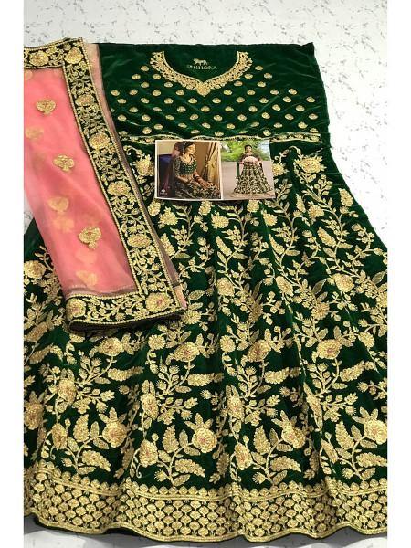 Green Embroidered Velvet Bridal Lehenga