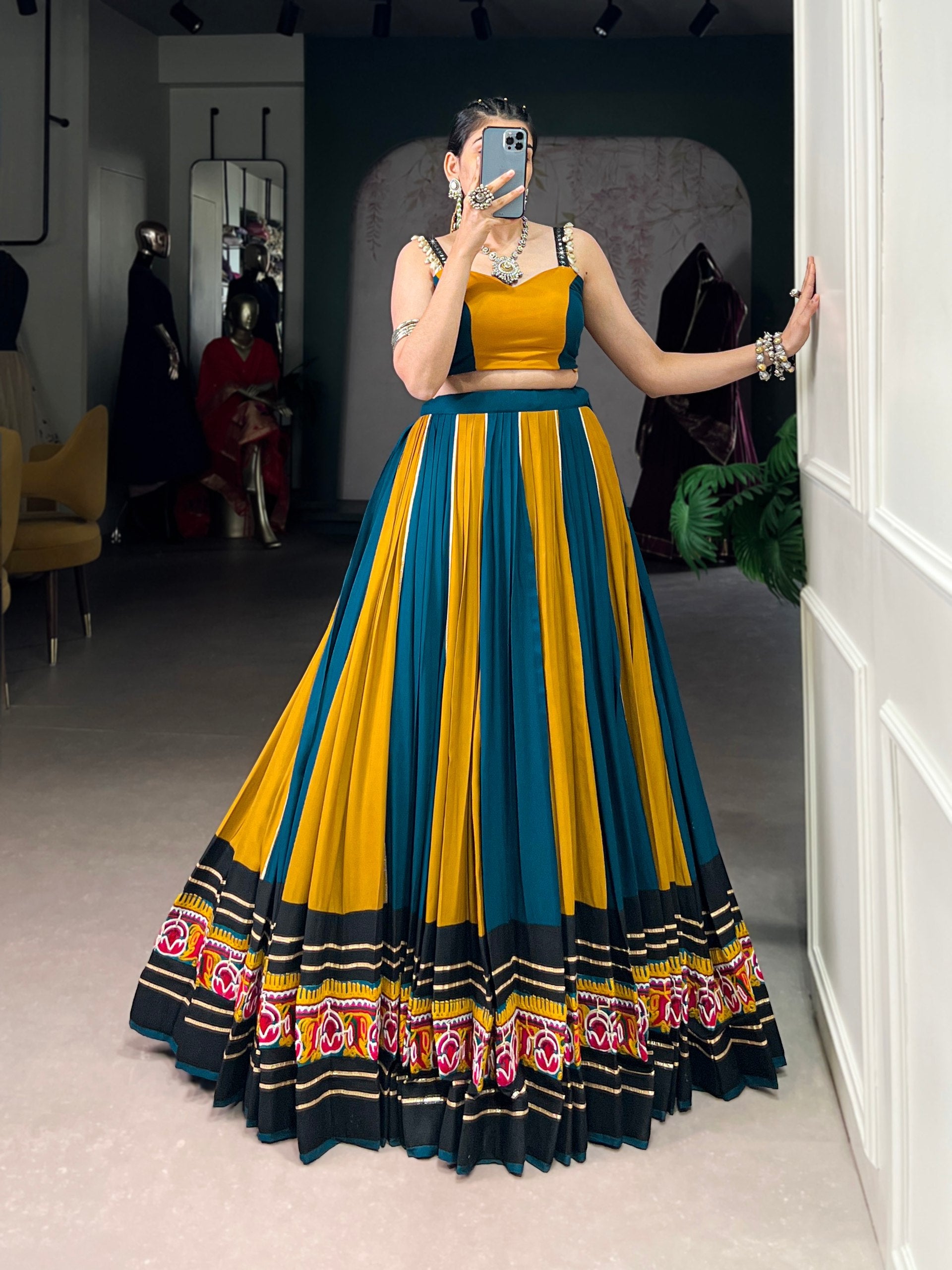 Lorenvalley Fashion Multicolor Pure Rayon Gamthi Work With Gota Patti Lace Touch Up Lehenga Choli