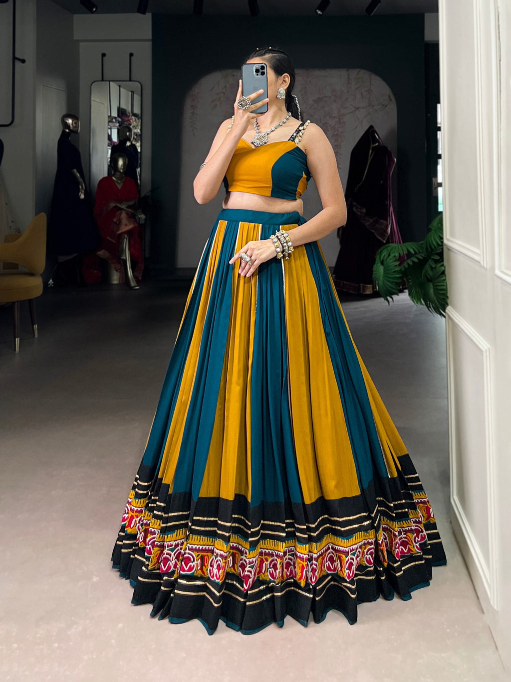 Lorenvalley Fashion Multicolor Pure Rayon Gamthi Work With Gota Patti Lace Touch Up Lehenga Choli