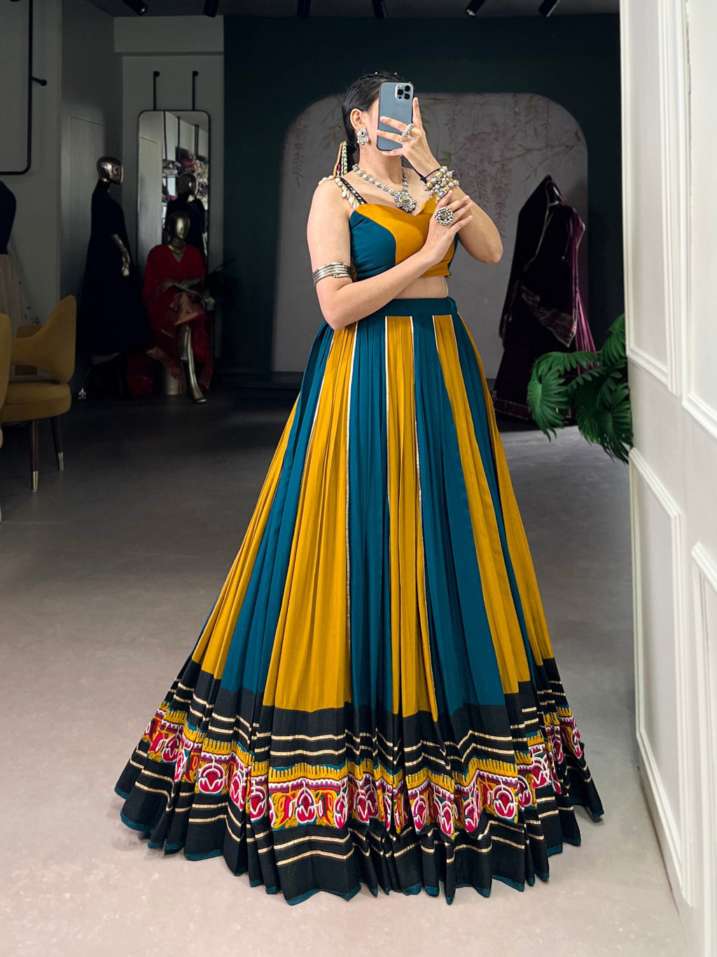 Lorenvalley Fashion Multicolor Pure Rayon Gamthi Work With Gota Patti Lace Touch Up Lehenga Choli