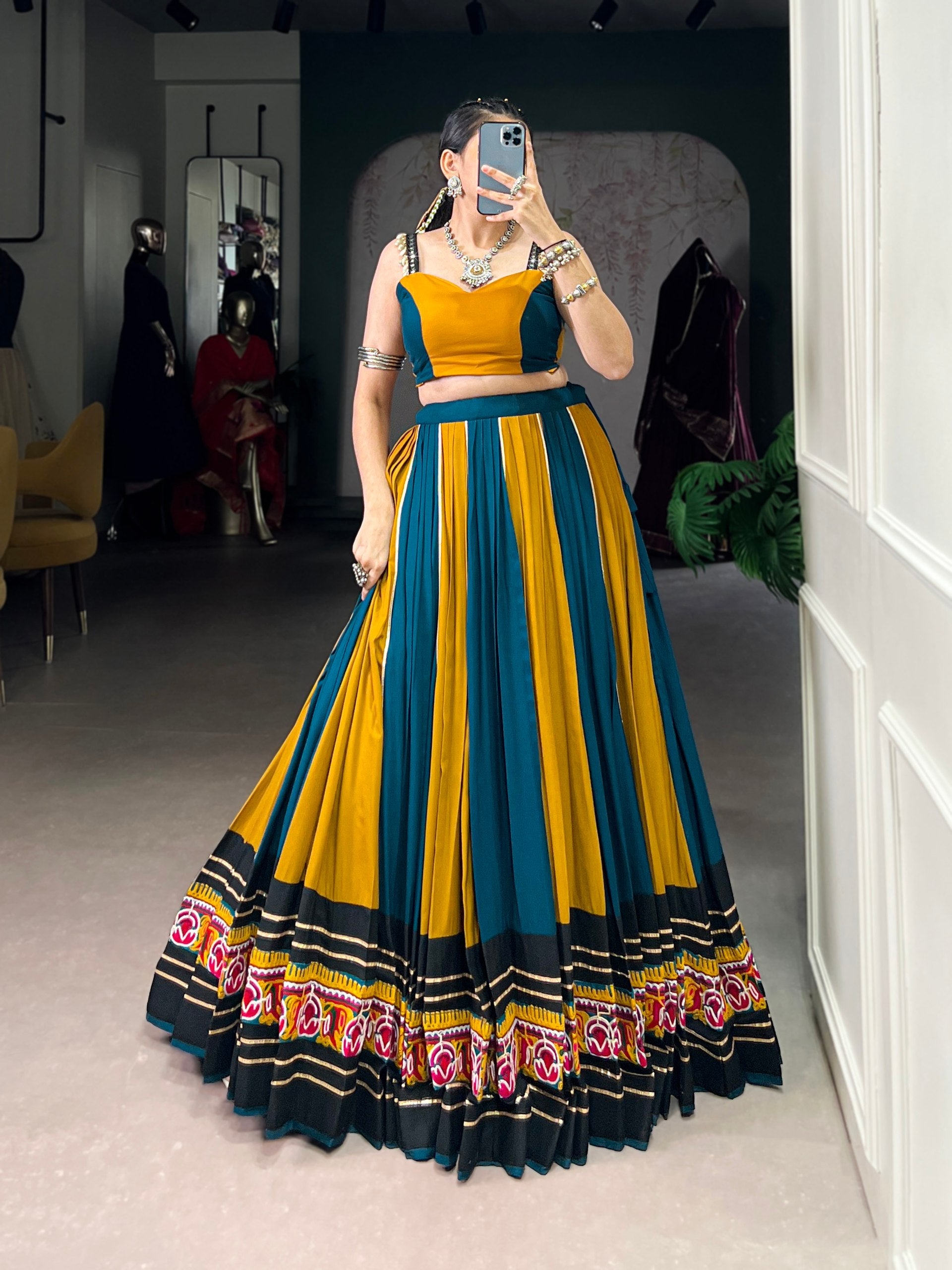 Lorenvalley Fashion Multicolor Pure Rayon Gamthi Work With Gota Patti Lace Touch Up Lehenga Choli