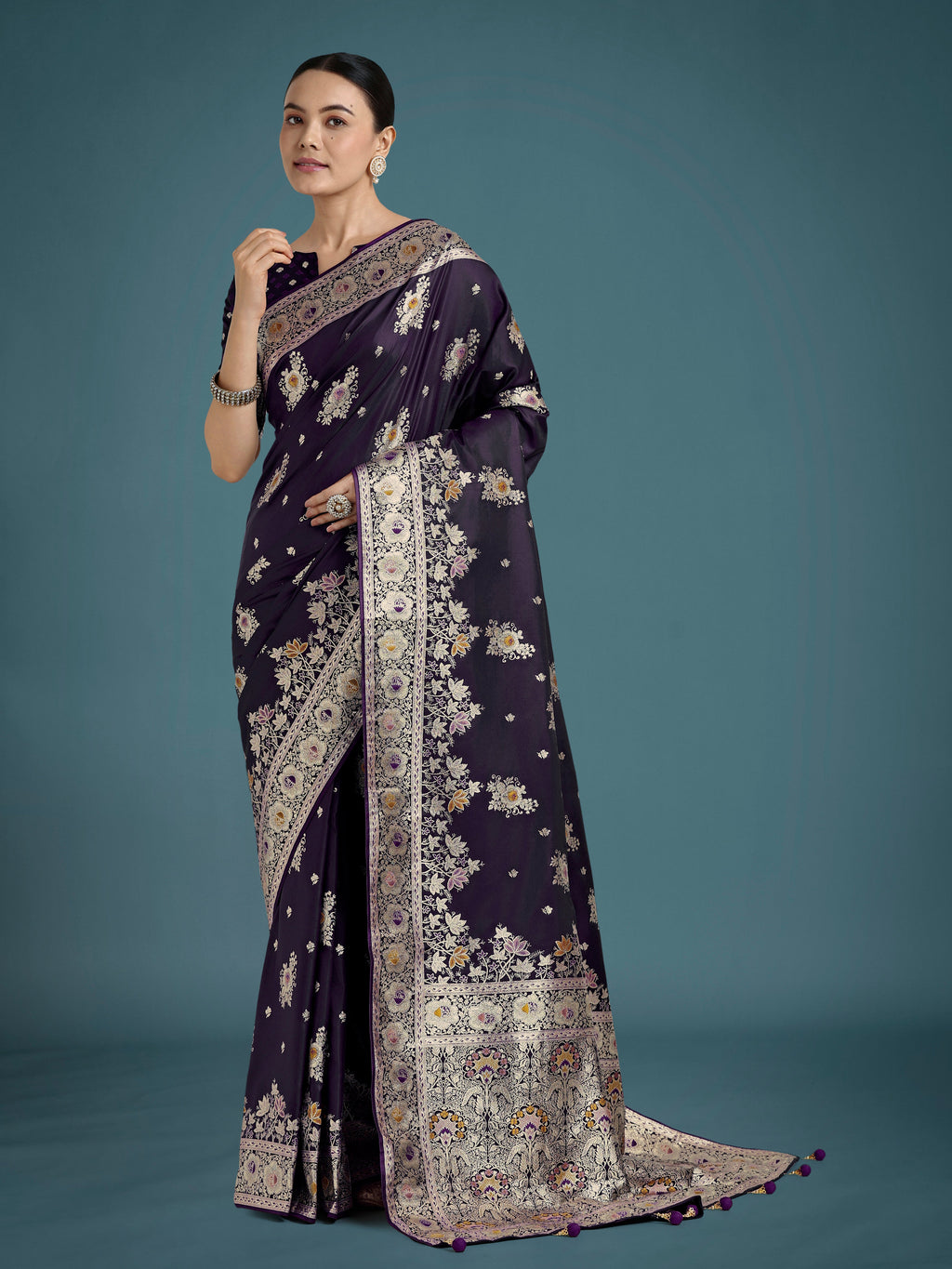 Monjolika Fashion Dark Purple Glamour and Tradition With This Zari Woven Banarasi Satin Silk Saree - Distacart