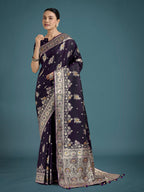 Monjolika Fashion Dark Purple Glamour and Tradition With This Zari Woven Banarasi Satin Silk Saree - Distacart