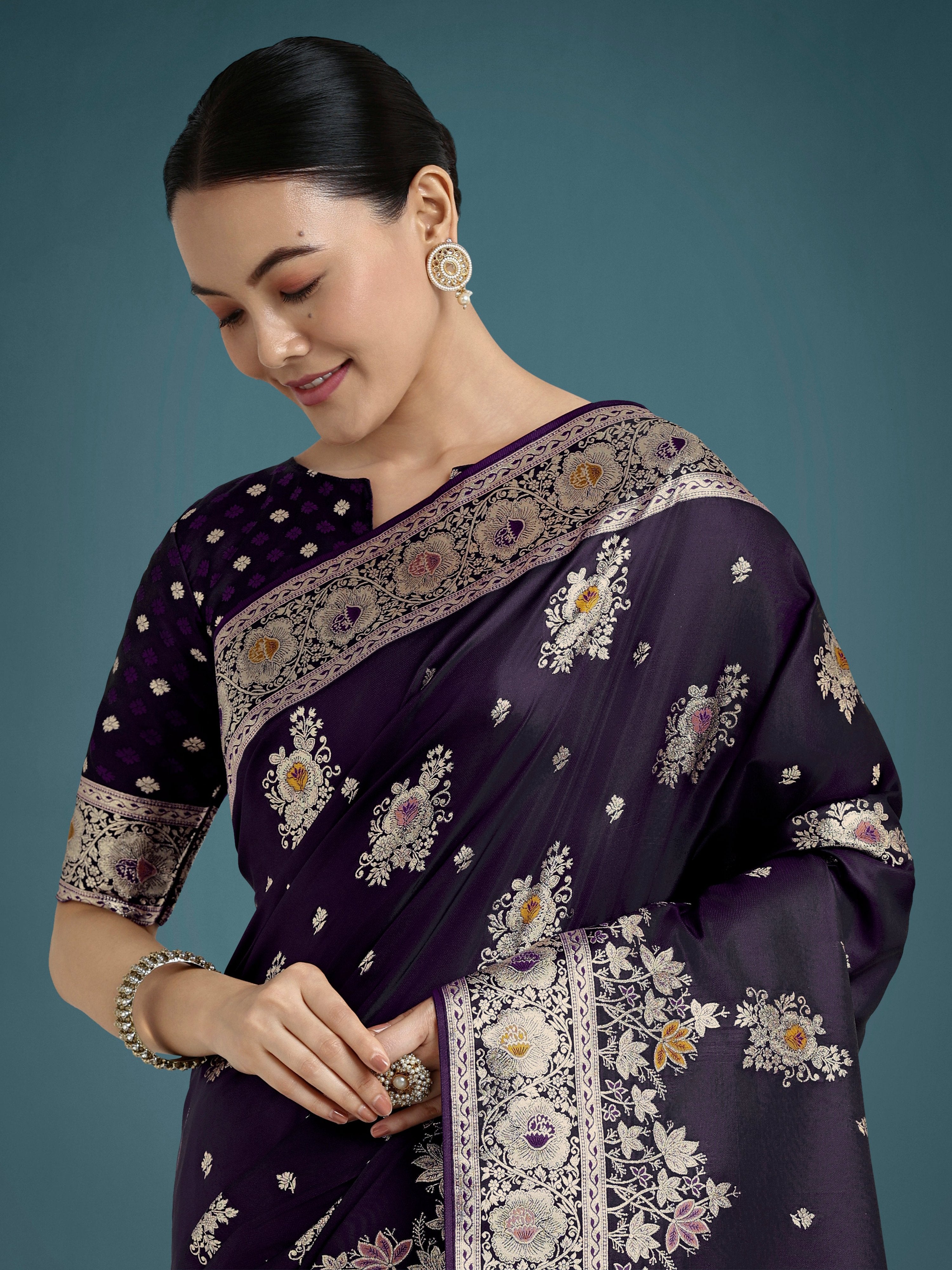 Monjolika Fashion Dark Purple Glamour and Tradition With This Zari Woven Banarasi Satin Silk Saree - Distacart