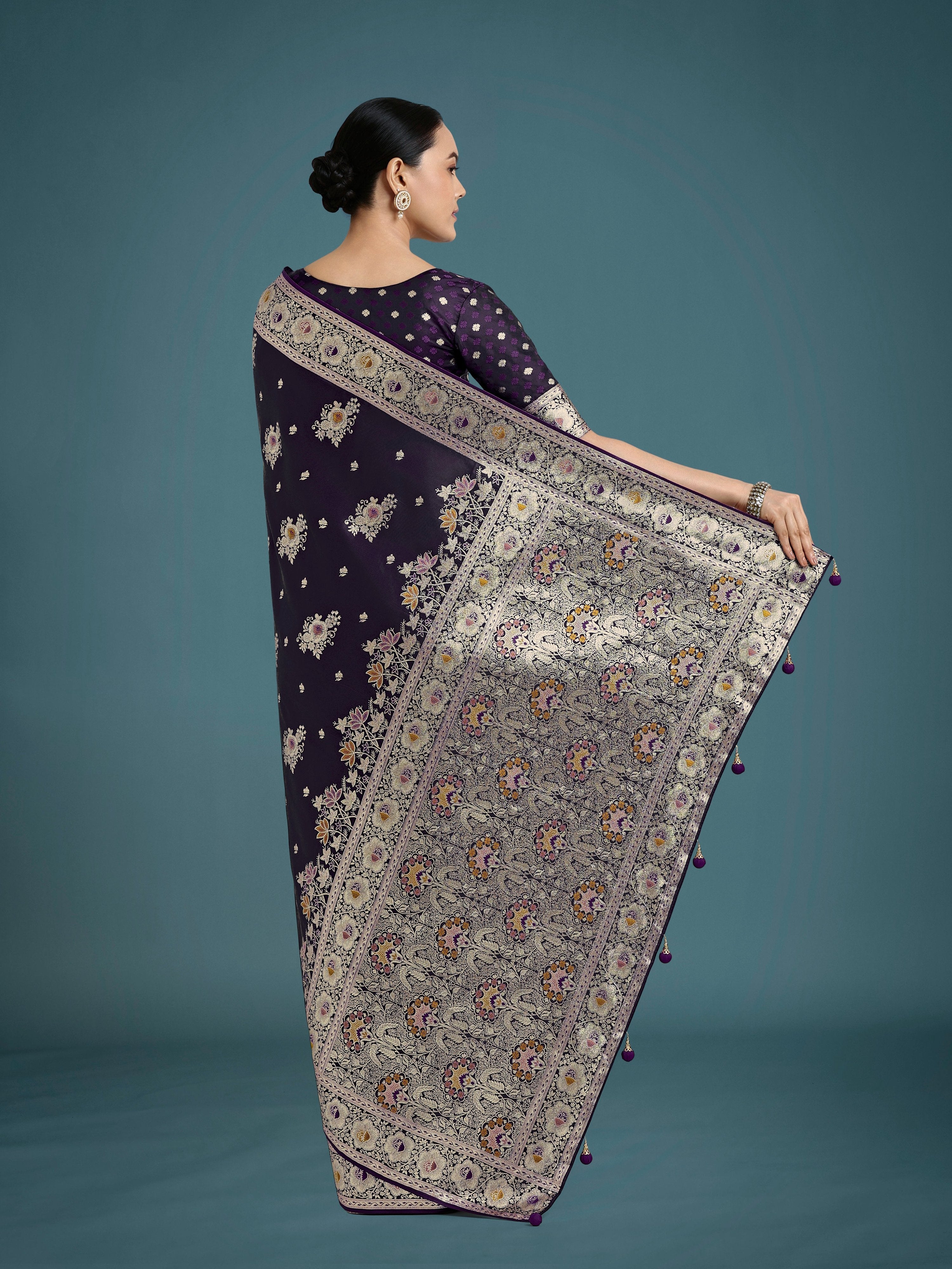 Monjolika Fashion Dark Purple Glamour and Tradition With This Zari Woven Banarasi Satin Silk Saree - Distacart