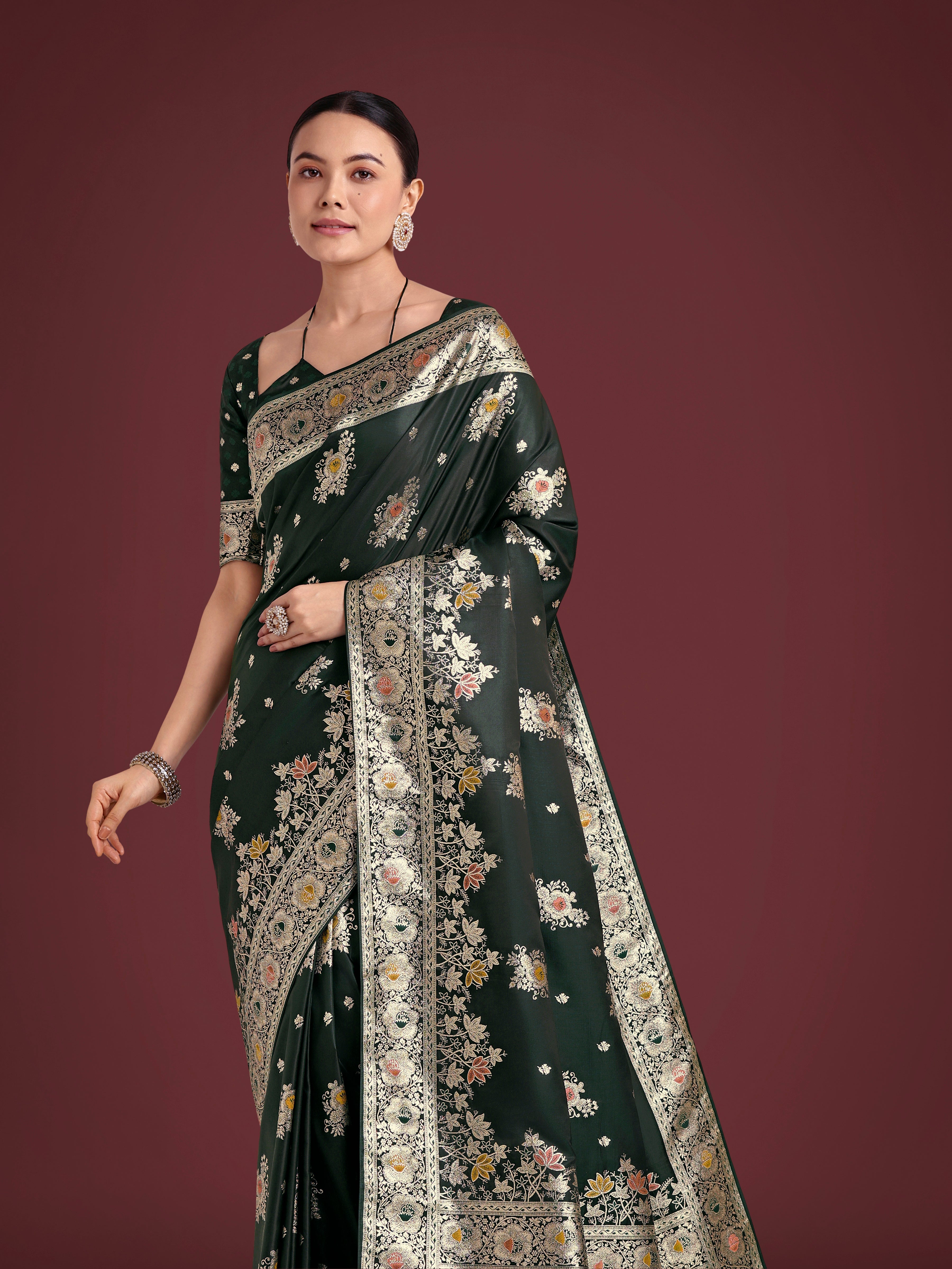 Monjolika Fashion Dark Green Glamour and Tradition With This Zari Woven Banarasi Satin Silk Saree - Distacart