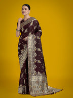 Monjolika Fashion Dark Maroon Glamour and Tradition With This Zari Woven Banarasi Satin Silk Saree - Distacart