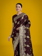 Monjolika Fashion Dark Maroon Glamour and Tradition With This Zari Woven Banarasi Satin Silk Saree - Distacart