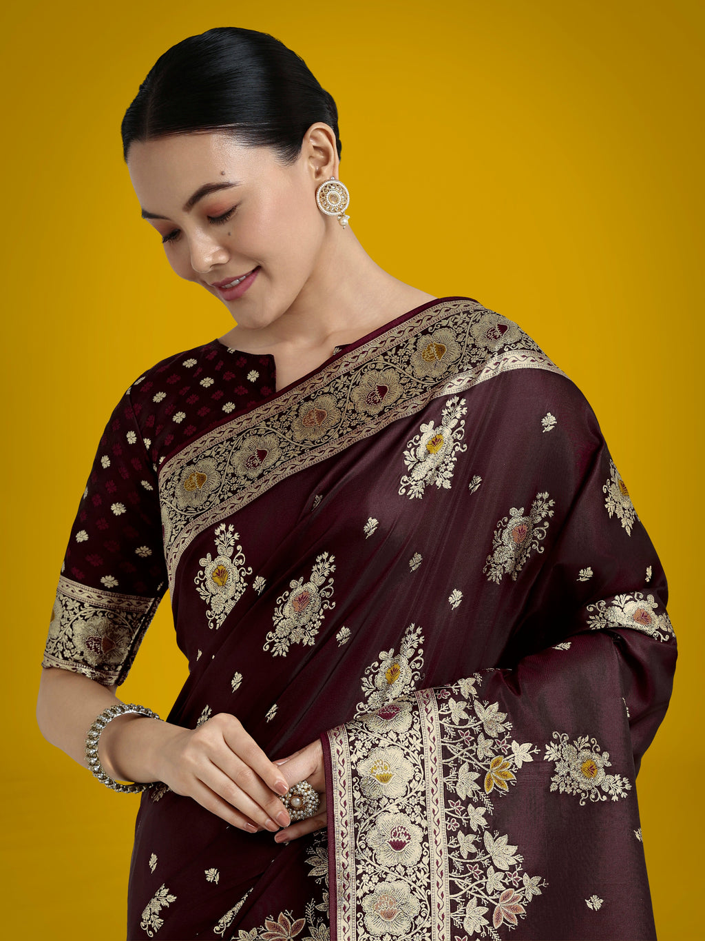 Monjolika Fashion Dark Maroon Glamour and Tradition With This Zari Woven Banarasi Satin Silk Saree - Distacart