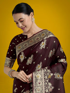 Monjolika Fashion Dark Maroon Glamour and Tradition With This Zari Woven Banarasi Satin Silk Saree - Distacart