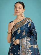 Monjolika Fashion Dark Teal Glamour and Tradition With This Zari Woven Banarasi Satin Silk Saree