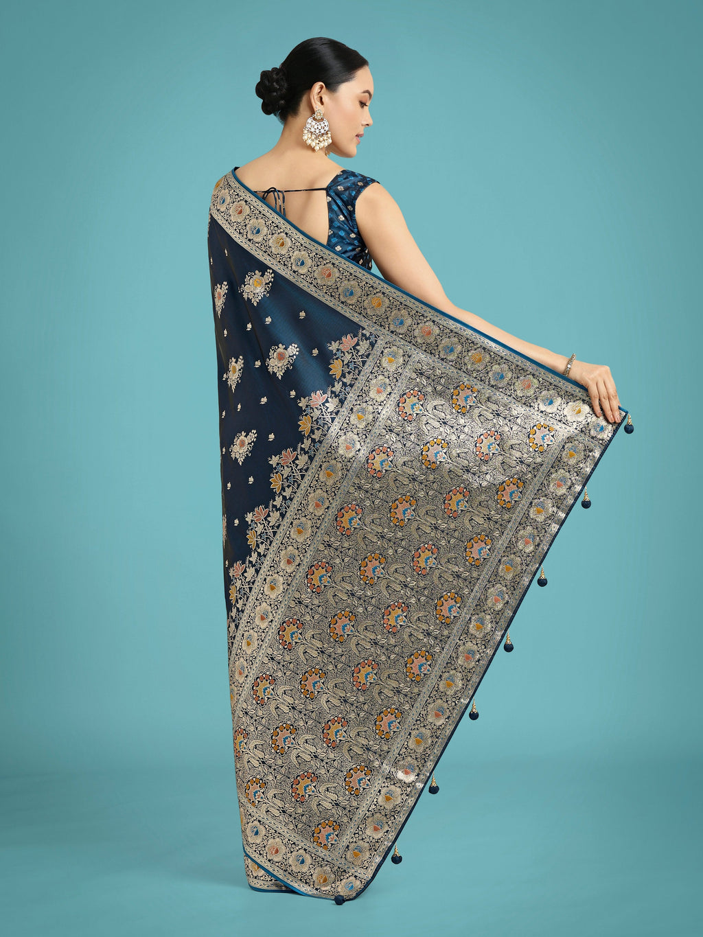 Monjolika Fashion Dark Teal Glamour and Tradition With This Zari Woven Banarasi Satin Silk Saree