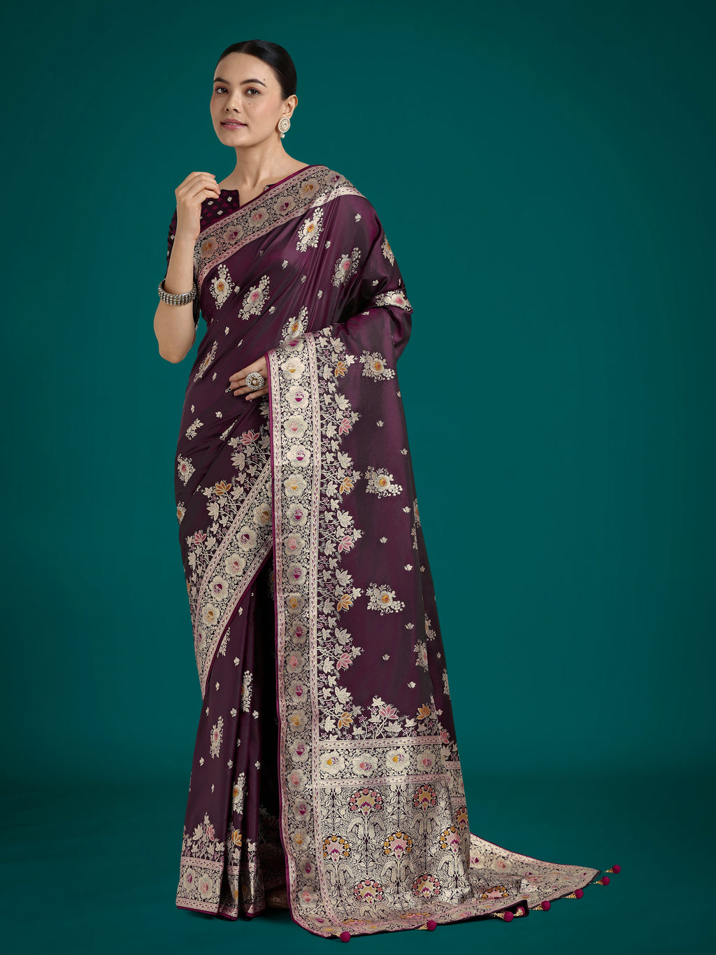 Monjolika Fashion Dark Wine Glamour and Tradition With This Zari Woven Banarasi Satin Silk Saree - Distacart
