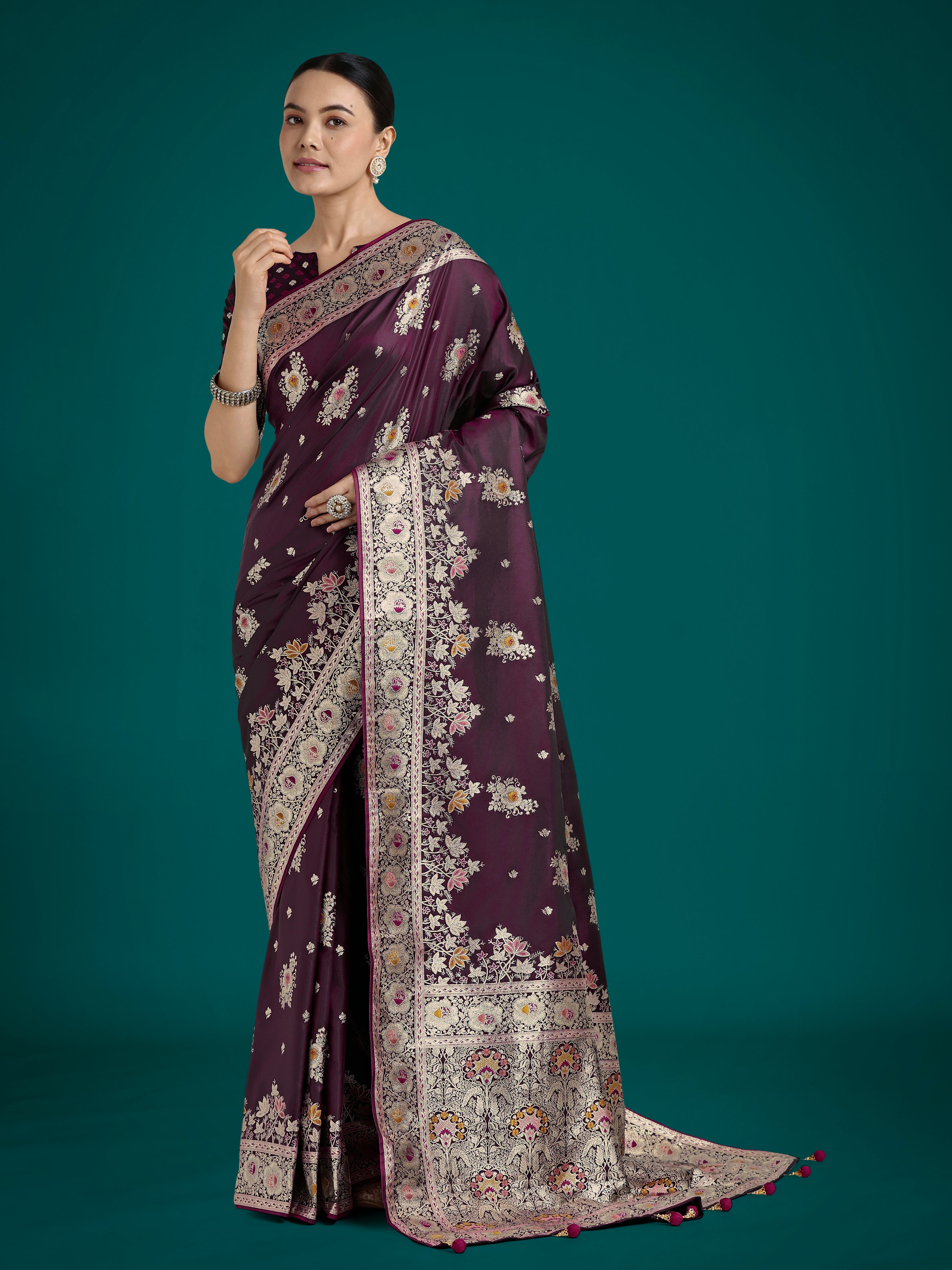 Monjolika Fashion Dark Wine Glamour and Tradition With This Zari Woven Banarasi Satin Silk Saree - Distacart