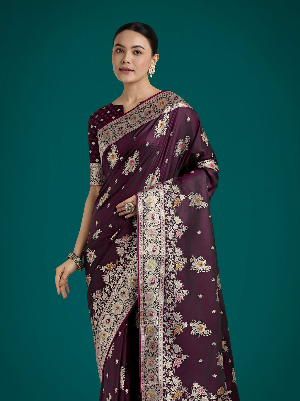 Monjolika Fashion Dark Wine Glamour and Tradition With This Zari Woven Banarasi Satin Silk Saree - Distacart
