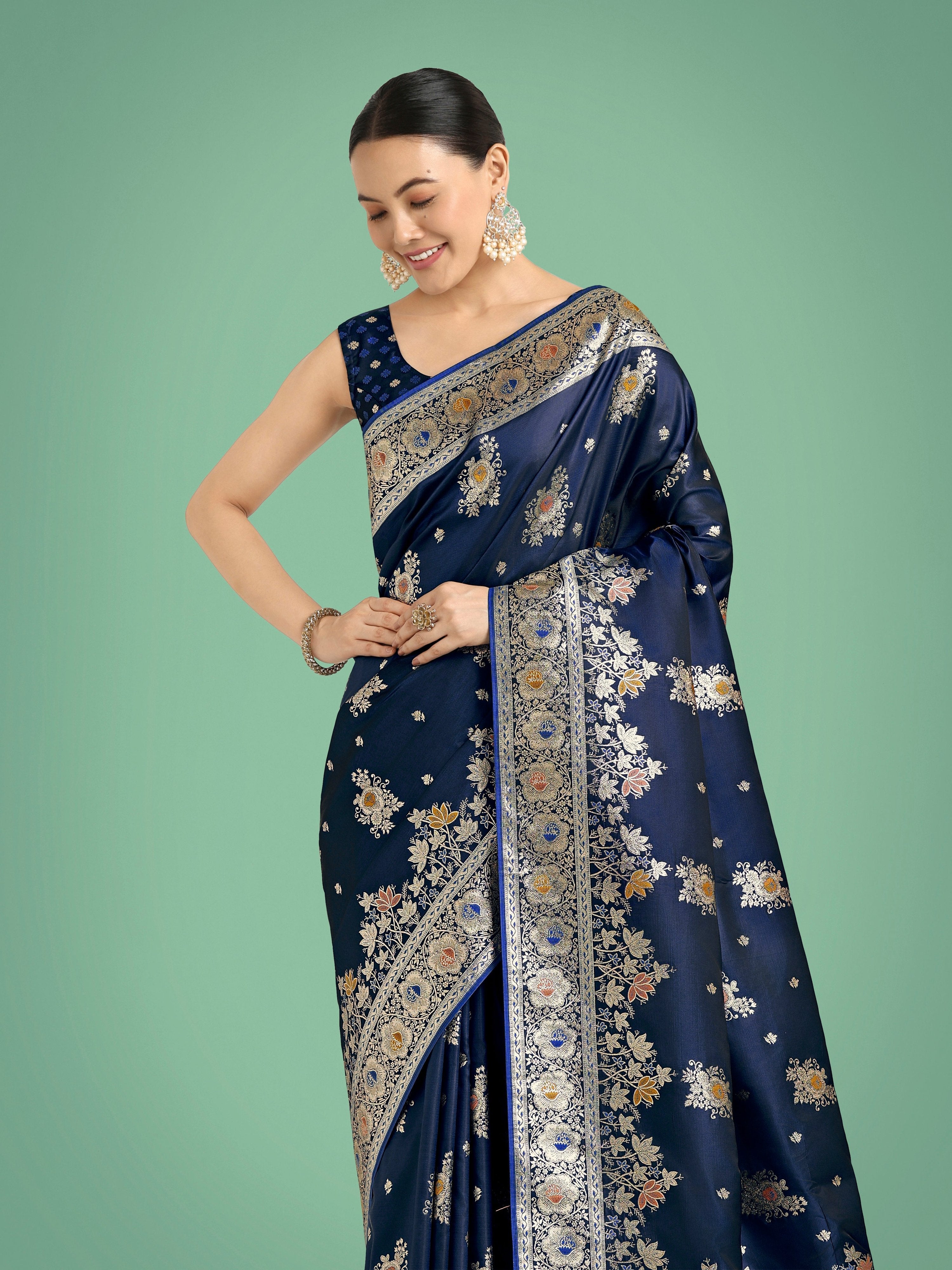 Monjolika Fashion Dark blue Glamour and Tradition With This Zari Woven Banarasi Satin Silk Saree - Distacart