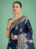 Monjolika Fashion Dark blue Glamour and Tradition With This Zari Woven Banarasi Satin Silk Saree - Distacart