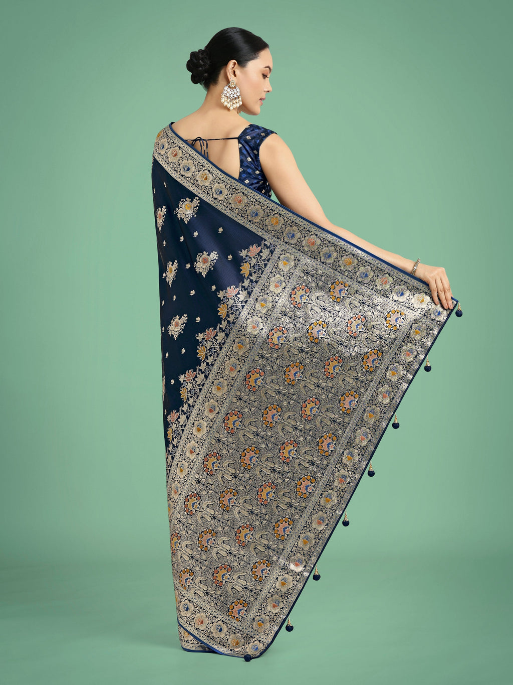 Monjolika Fashion Dark blue Glamour and Tradition With This Zari Woven Banarasi Satin Silk Saree - Distacart