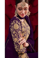 Myra Purple Georgette Embroidered Anarkali Pant Style Suit