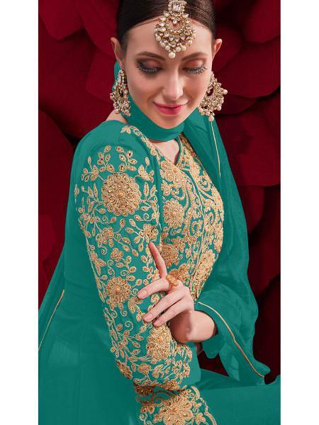 Myra Sky Blue Georgette Embroidered Anarkali Pant Style Suit