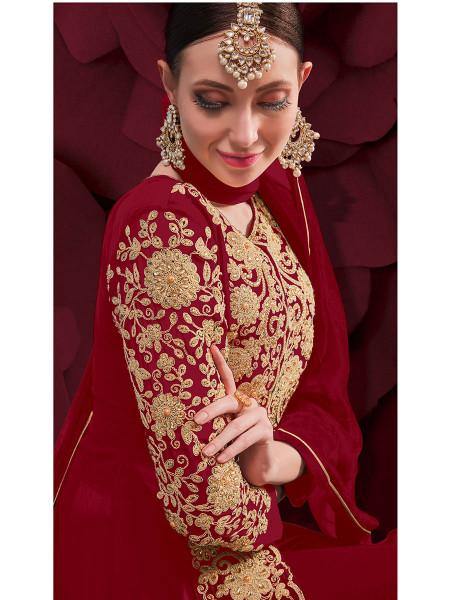Myra Maroon Georgette Embroidered Anarkali Pant Style Suit
