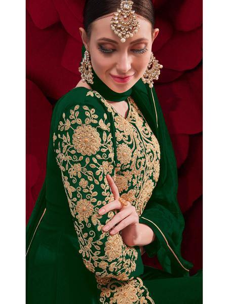 Myra Green Georgette Embroidered Anarkali Pant Style Suit